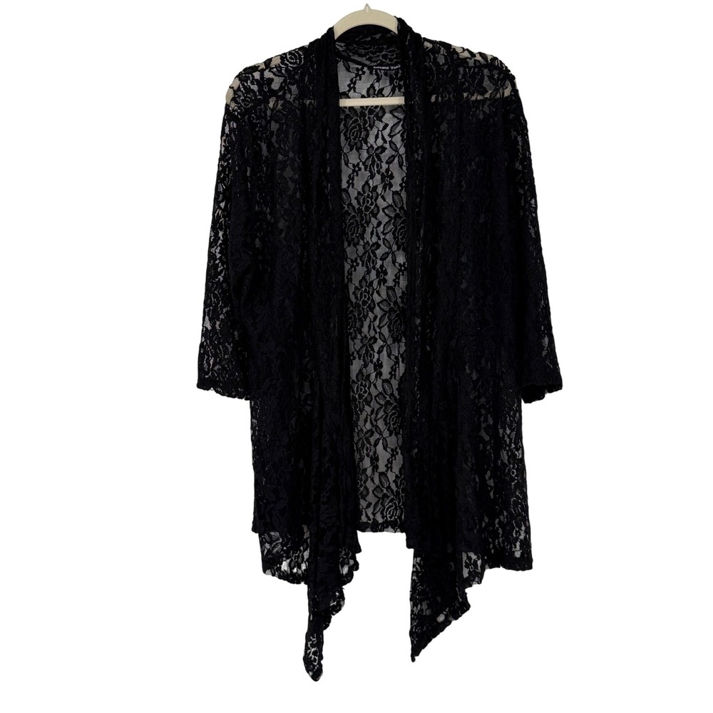 Double Take Womens Black Floral Lace‎ Open Front Waterfall Cardigan Wrap Top 1X